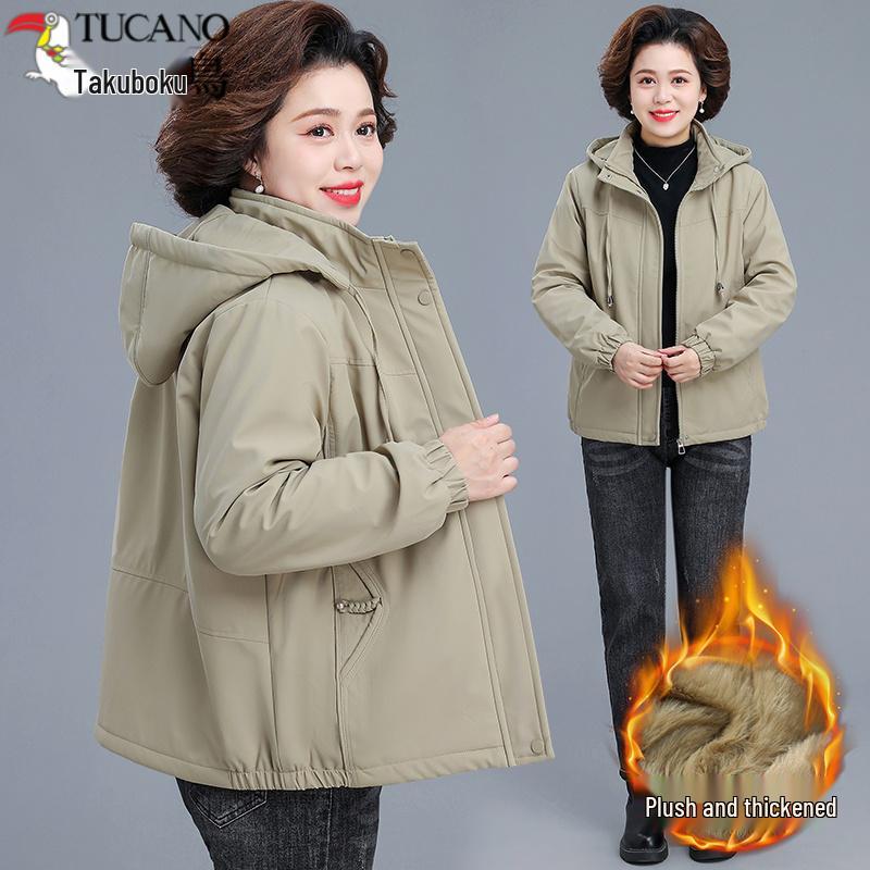 Woodpecker Mom 2025 Fleece Lined Winter Coat for Mid-Aged & Elderly - Warm, Thickened Autumn/Winter Cotton Top XL Recommended 90-105 Jin