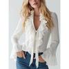 Spring European and American new style French elegant ruffled solid color V-neck puff sleeve shirt