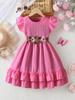 Vestito Rosa Principessa Estivo per Bambina con Ricami Floreali Maniche a Sbuffo Orlo Arricciato Cintura Gonna a Doppio Strato