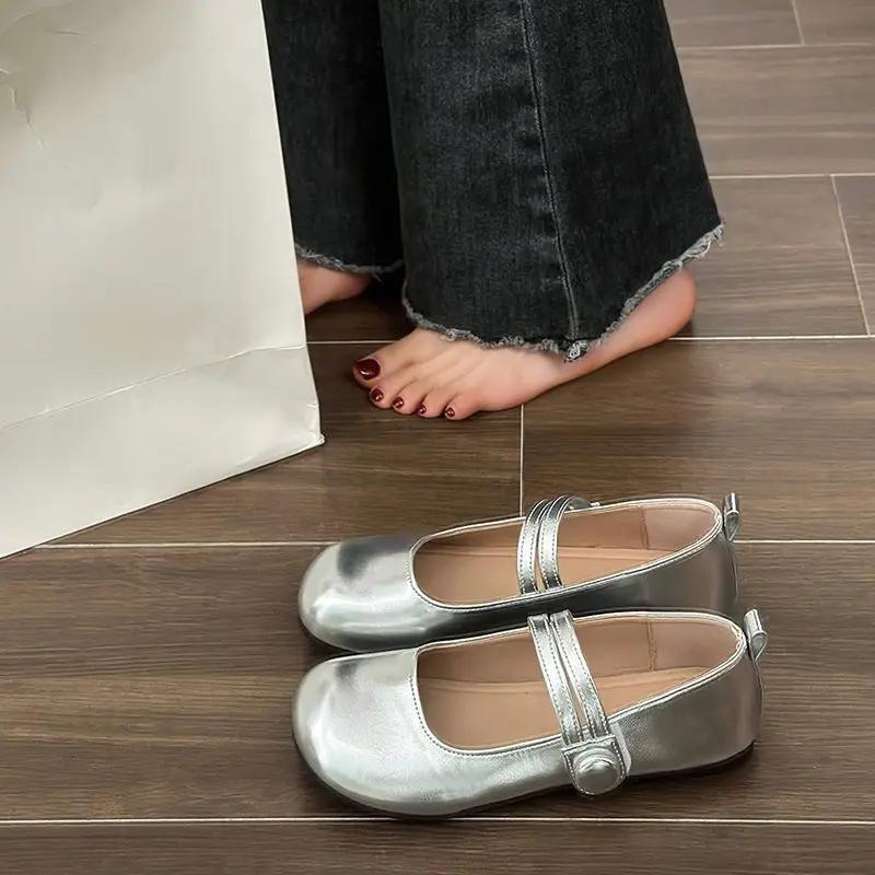 Fashion Ladies Footwear Black Silver Women's Flat Shoes with Straps Gothic Japanese Style Lolita Mary Jane Square Toe Korean Stylish Y2k