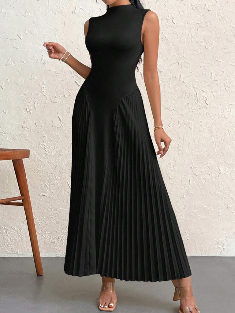 Summer New Style Pleated Patchwork Long Dress Elegant Sleeveless Slim Fit Evening Gown Party Dress