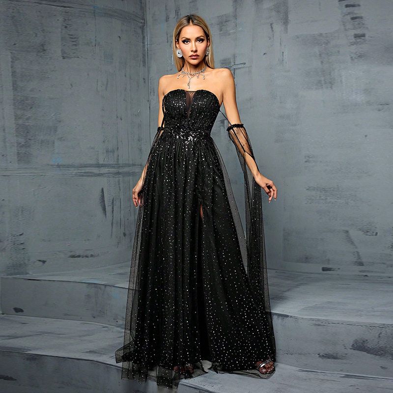Party Dress Evening dress Women Sequined Host High end Light Luxury Niche Dress for Toast Bridal High Sense Women Black--Al4334 S