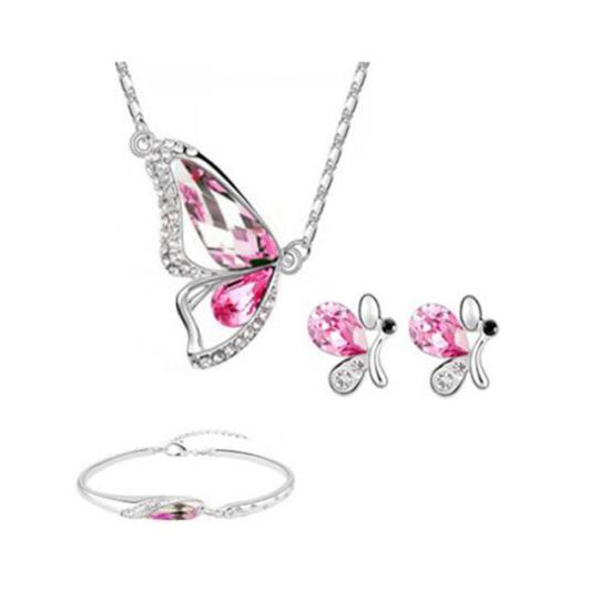 Butterfly Rhinestone anheng halskjede Stud øredobber armbånd brude smykker sett