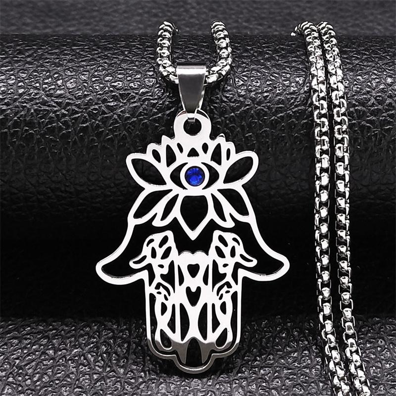 Lotuse Hand Of Fatima Pendant Necklace for Women Men Stainless Steel Lucky Egyptian Hamsa Greek Eye Chain Necklaces Jewelry