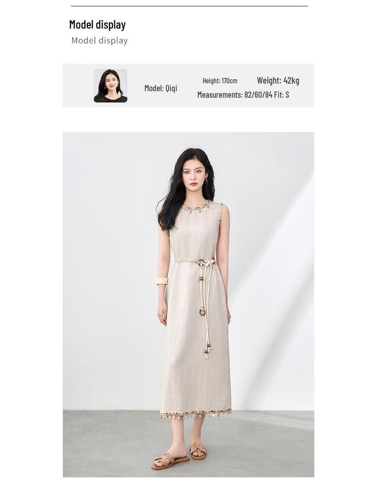 Ärmelloses Kleid im Bohemian-Stil aus Leinen-Tencel mit Muschel-Anhänger & Quaste für Damen