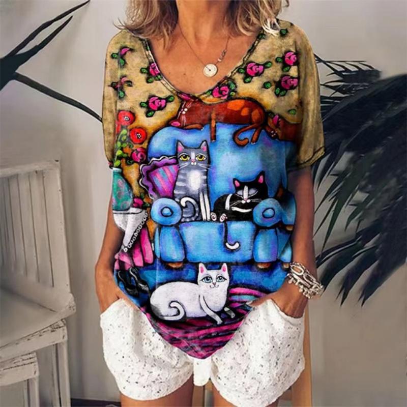 Women's 3d Cats Print T-Shirt Fashion Woman Blouses 2023 Funny Kawaii V-Neck T Shirt Female Clothing Oversized Summer Tops Tees