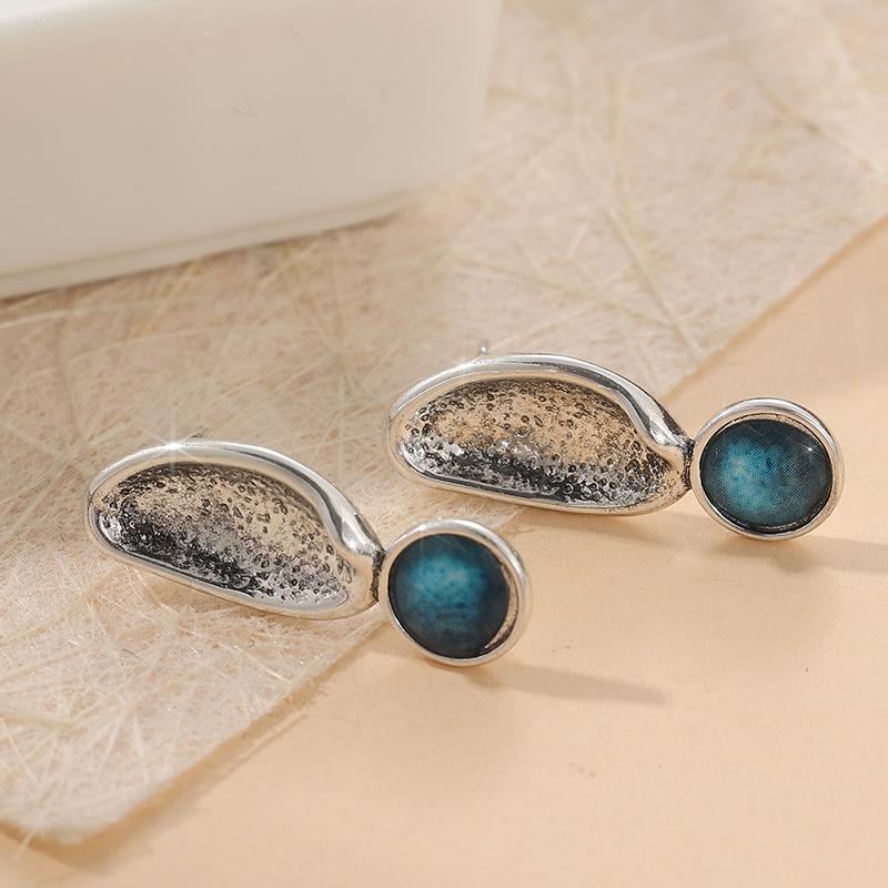 Vintage Silver Color Metal Geometric Pattern Round Blue Stone Dangle Earrings for Women Jewelry