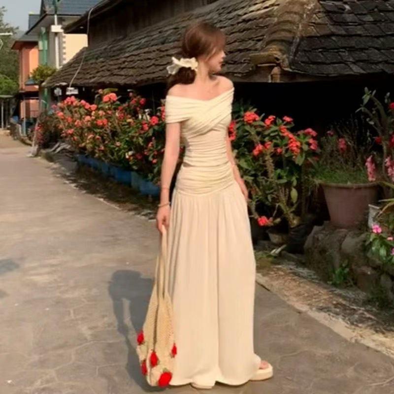 Women's French White Off-Shoulder Top & Knit Midi Skirt Set - Gentle Spring Design