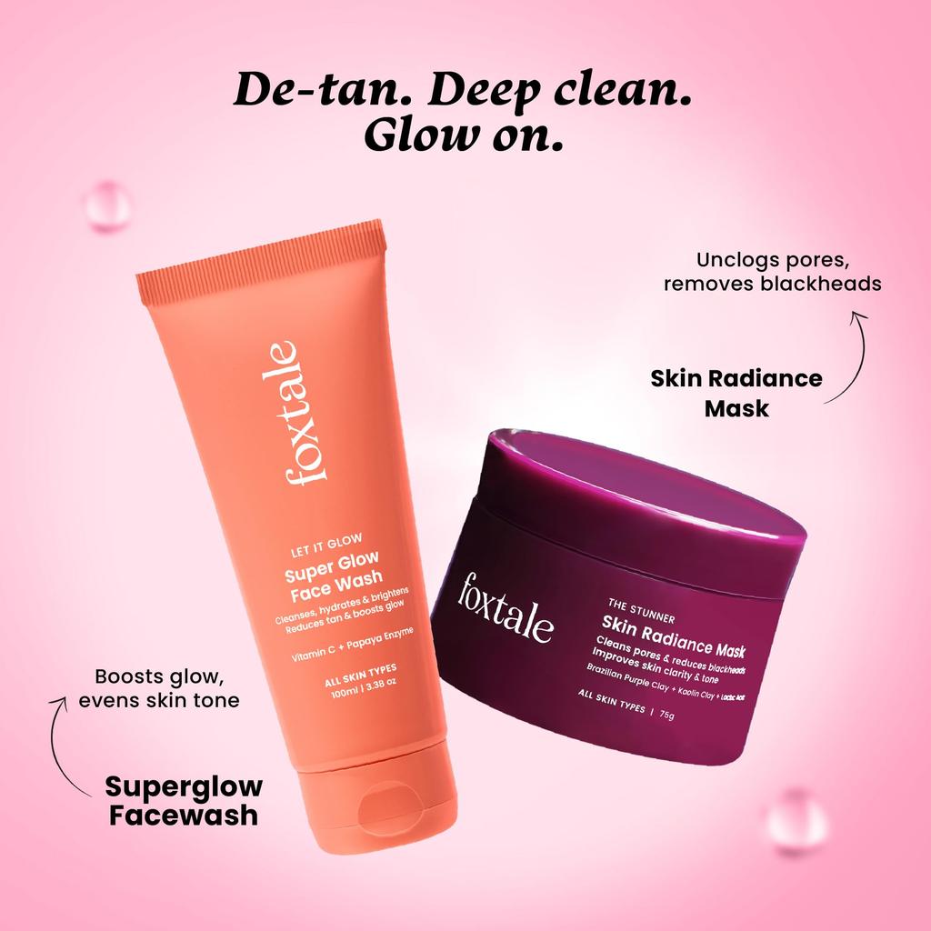 Dúo Foxtale Detan and Glow - Limpiador Facial + Mascarilla Radiante para la Piel | Elimina el Bronceado, Ilumina, Desobstruye los Poros | Con Vitamina C, Enzima de Papaya, Ácido Láctico y