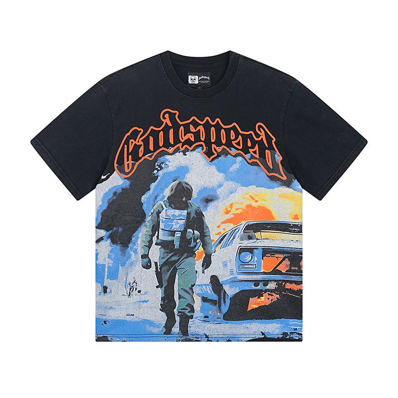 Cross-border trendy brand GS Skull Band Alphabet Printing Washing Water Short Sleeve Loose T-Shirt Men's and Women's High Street Retro Half Sleeve