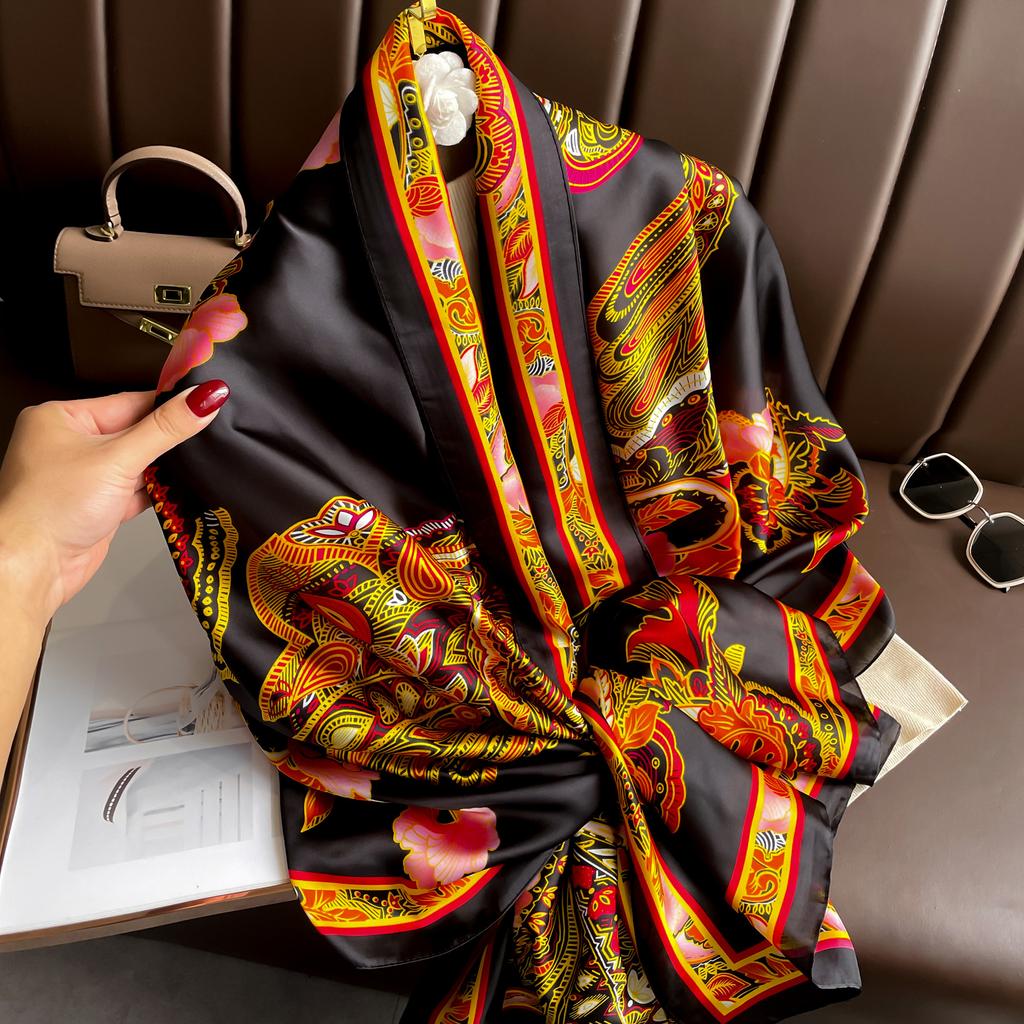 Literary Retro Cashew Totem Printing Silk Scarf Lijin Satin Long Silk Scarf Elegant Temperament Ladies Thin Section Shawl