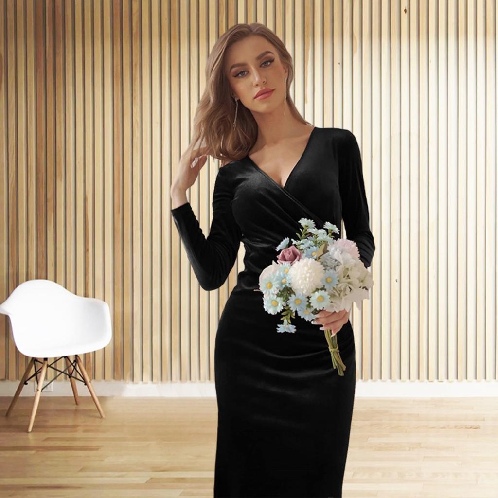 Fall Winter Women Velvet V-Neck Ruffle Bodycon Mermaid Evening Dress Elegant Slim Fit Cocktail Party Gown