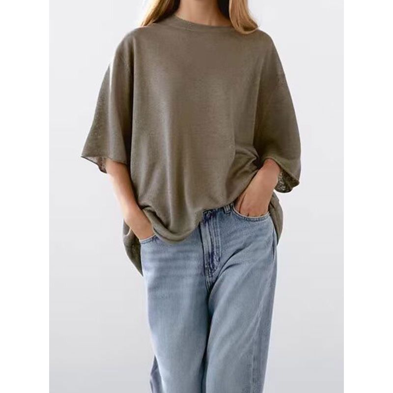 MD Women Clothes Casual Wind Relaxed Feeling Light and Loose Round Neck Sweater Short Sleeve T-shirt Knit 05610648567