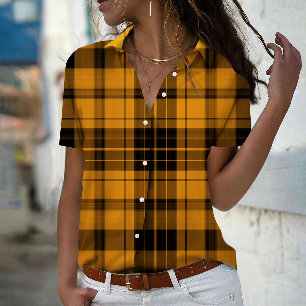 2025 Summer New Fashion Women's Grid Pattern Printed Short Sleeve V-neck Casual Button-down Shirt Top