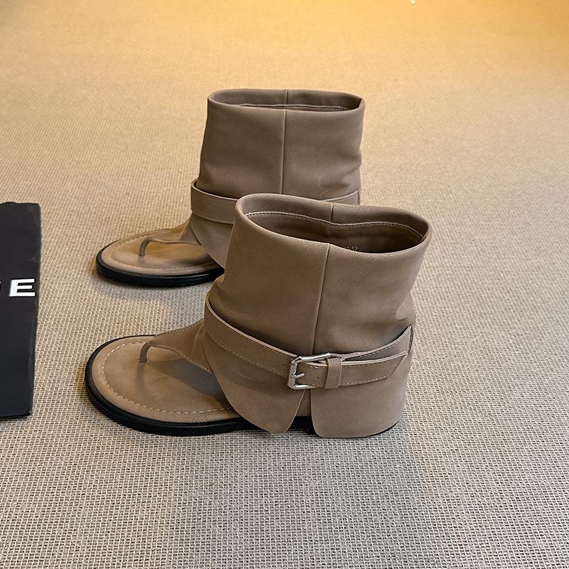

Cowhide version summer new retro Roman shoes cool boots high top toe herringbone low heel sandals wear single boots women 35