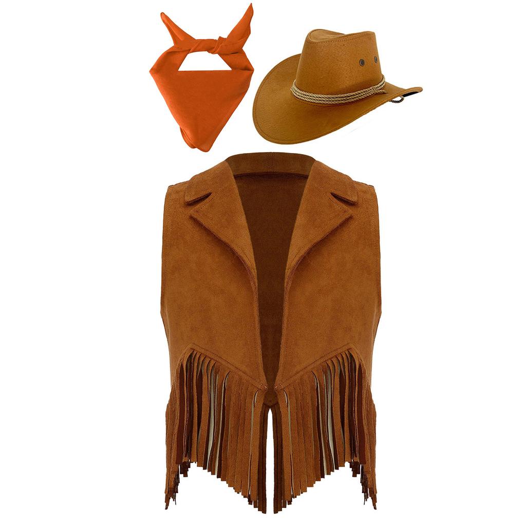 Kids Cowgirl Vest Suede Fringe Tassel Western Costume Set with Bandana Hat for Halloween Rodeo Role Play