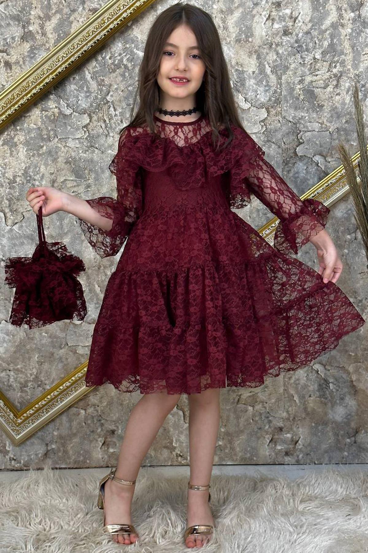 

Girl s Collar and Sleeves Transparent Chest Ruffle Detailed Claret Red Evening Dress