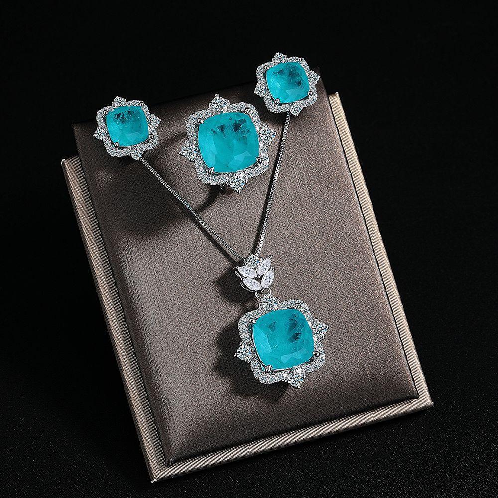 925 Sterling Silver Fashion Luxury Sea Blue Zircon Ring Earrings Necklace Set Birthday Party Anniversary Gift