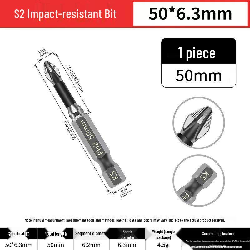 Impact-Resistant Magnetic Phillips Screwdriver Bit, Anti-Slip, High Hardness, Compatible with Electric/Hand Drills and Hex Air Drills