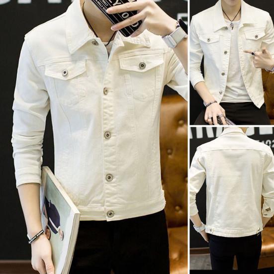 Men Spring Autumn Denim Jacket Solid Color Turn-down Collar Long Sleeve Slim Fit