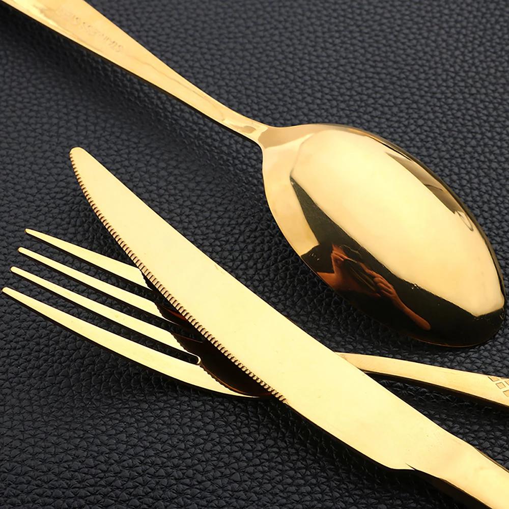 16Pcs Cutlery Set Stainless Steel Steak Knife Cake Fork Coffee Spoon Dinnerware Set Golden Flatware Silverware Kitchen Tableware