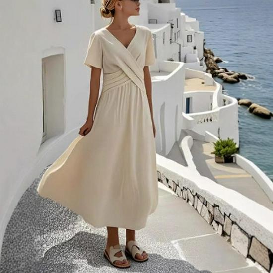 European & American V-Neck Ruffle Swing Dress - Women's Short Sleeve Summer