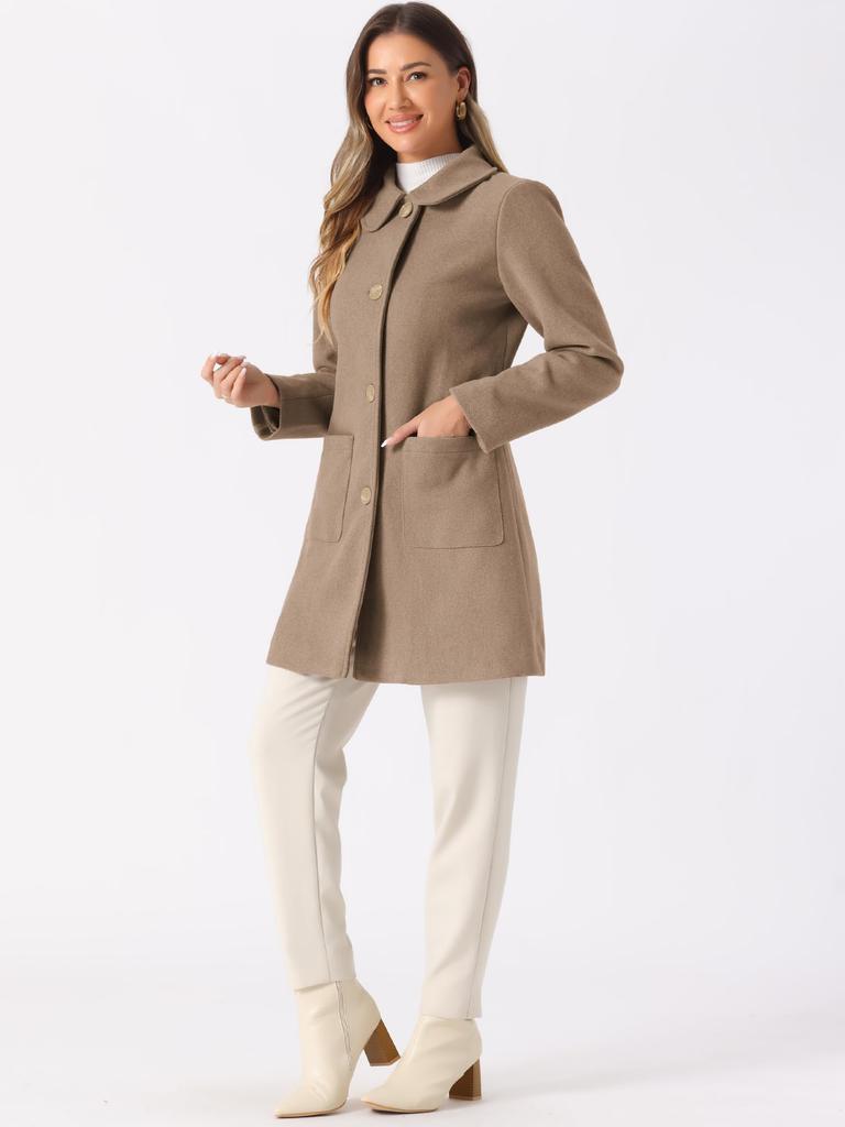 Allegra K Women's Chesterfield Coat, Fall/Winter, Lapel Long Coat, Overcoat, Winter Warmth, Dark Beige, Size S