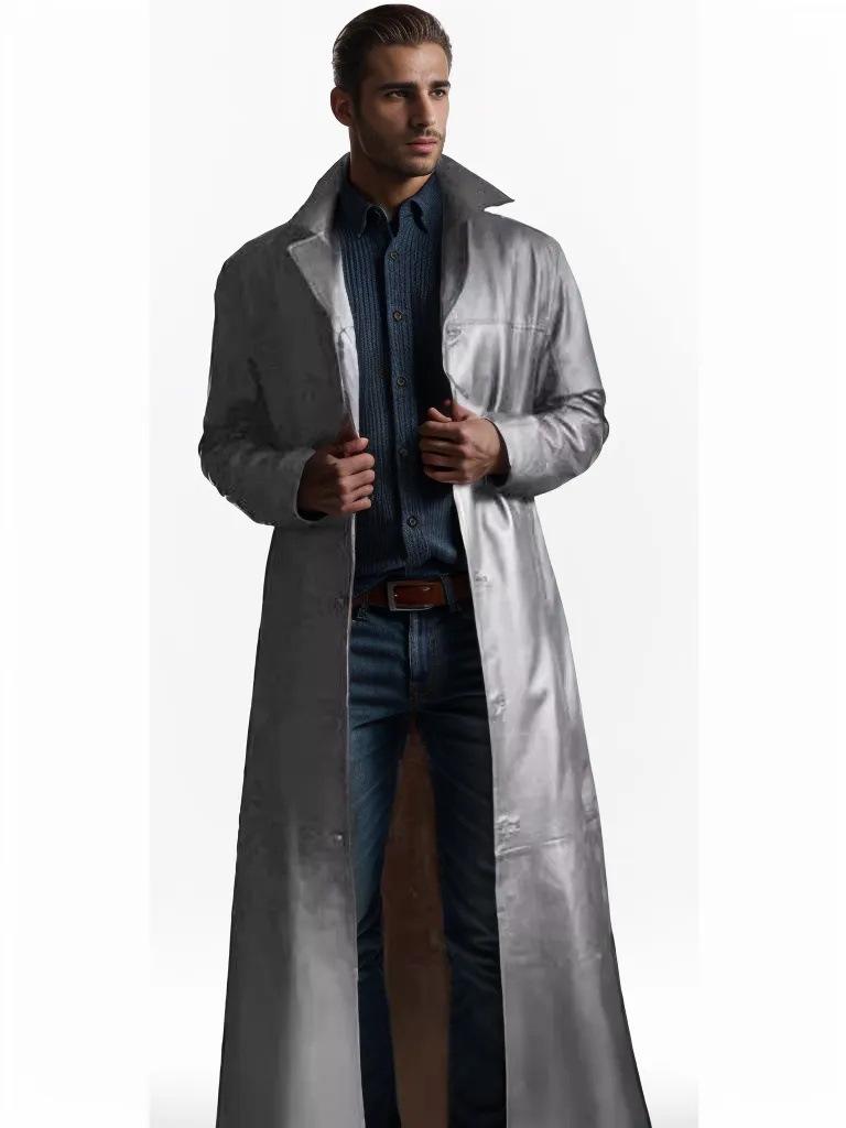 2024 Men's Extended Length PU Leather Jacket with Suit Collar - Casual Spring Fashion