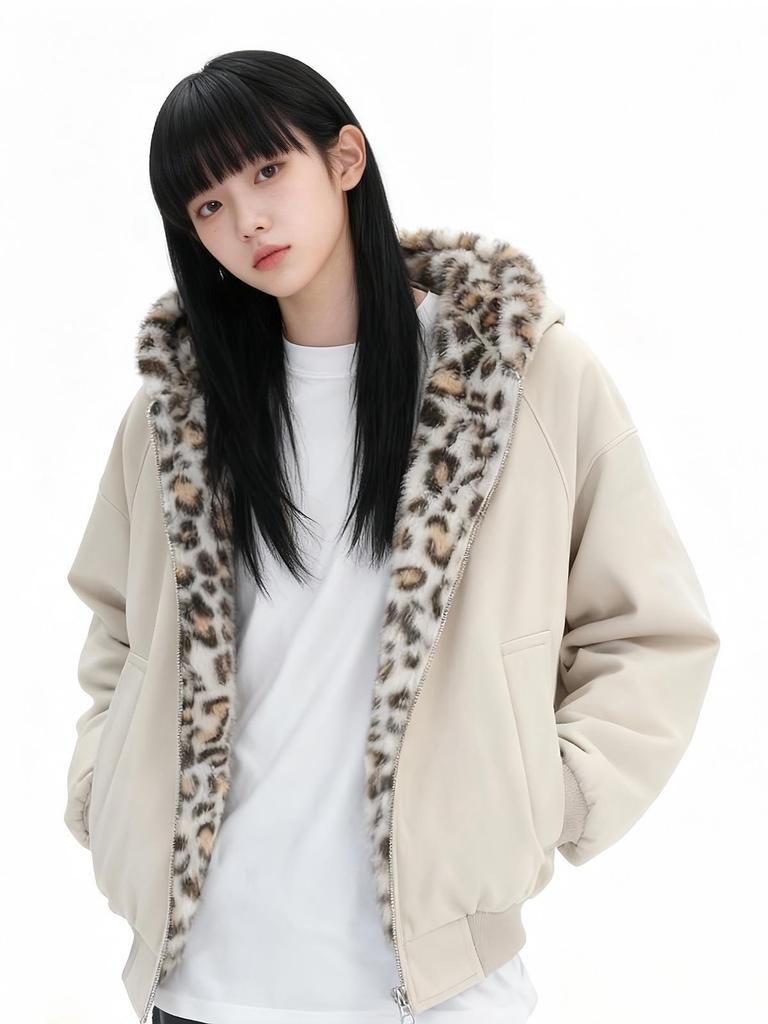 Unisex Reversible Retro Leopard Print Fleece-Lined PU Leather Jacket