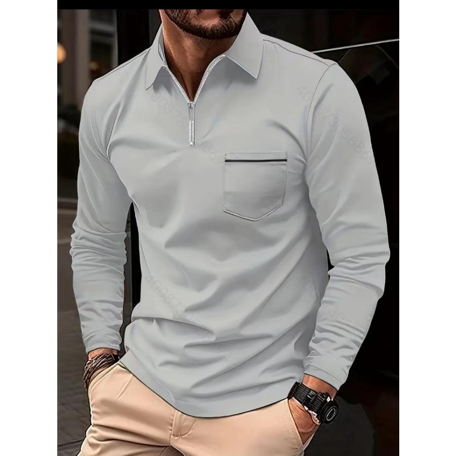 Long Sleeve Lapel Zip Chest Pocket Polos Shirts Streetwear Tops Men's Casual Spring Autumn Sports Polo Shirt
