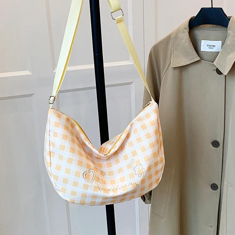 Checkered Canvas Bag for Women, Small and Fresh Embroidered Versatile Shoulder Bag, Large Capacity Commuting Crossbody Bags