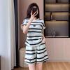 Women Striped 2 Piece Outfit Irregular Hem Short Sleeve T-shirt Drawstring Elastic Waist Shorts Casual Summer Tracksuit Loungewear Set