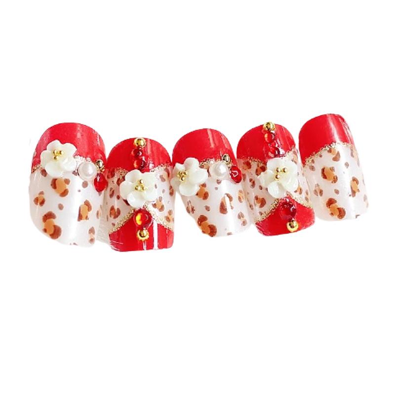 

24-Piece Red Leopard Print Square False Nails - Adhesive & Removable