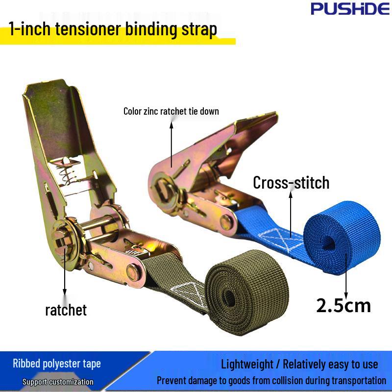 1-Inch Hookless Ratchet Tensioner, Multi-Color Polyester Rope Tightener for Cargo and Pallet Securing.