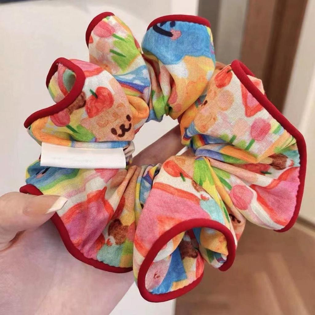 Large Scrunchies Lace Trim Vintage Floral Hair Scrunchy 90s Women Girls Thick Hair Accessory Hair Tie Ponytail Holder