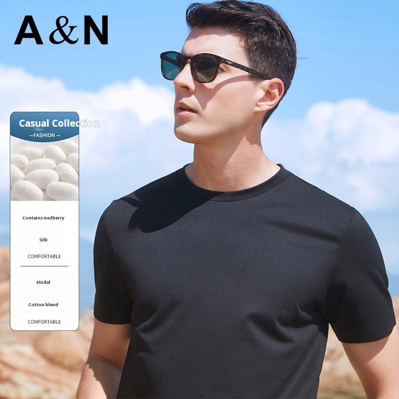 Off shelves [Mulberry Silk+Modal] Knitted Jacquard Round Neck Short sleeved T-shirt for Men's Spring/Summer Solid Color Versatile Base Shirt