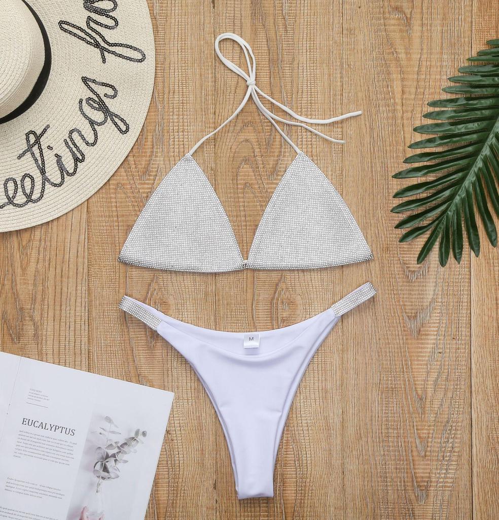 Solid Color Diamond Triangle Bikini Rhinestone Split Swimsuit Fashionable Beach Swimwear