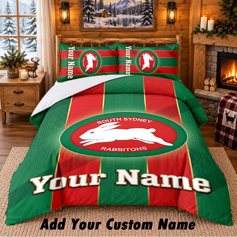 South Sydney Rabbitohs Pattern Bedding 3Pcs Set Custom Name, Bed Sheet And Pillowcases For Home Bedroom