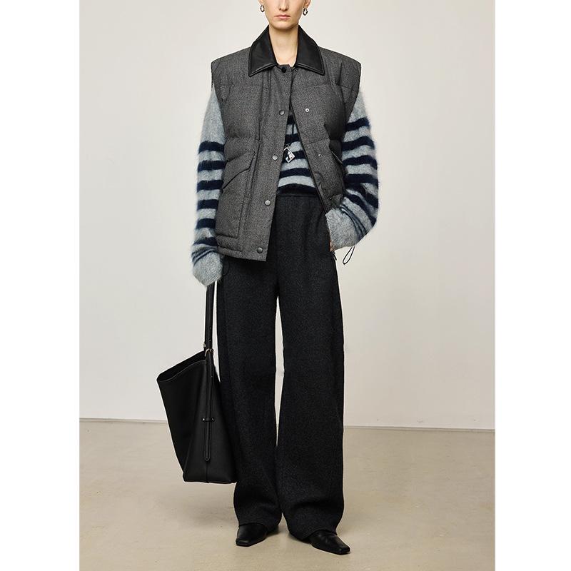 Women's Elegant Wool-Blend Dark Grey High-Waisted Loose Straight-Leg Trousers, 2025 Autumn/Winter Collection
