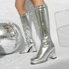 Sung Fit Women's Knee High Boots Gold Silver Comfy Shoes Soft Patent Leather Chunky High Heels Footwear