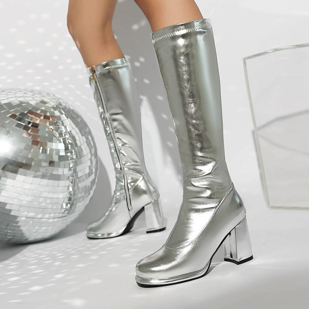 Sung Fit Women's Knee High Boots Gold Silver Comfy Shoes Soft Patent Leather Chunky High Heels Footwear