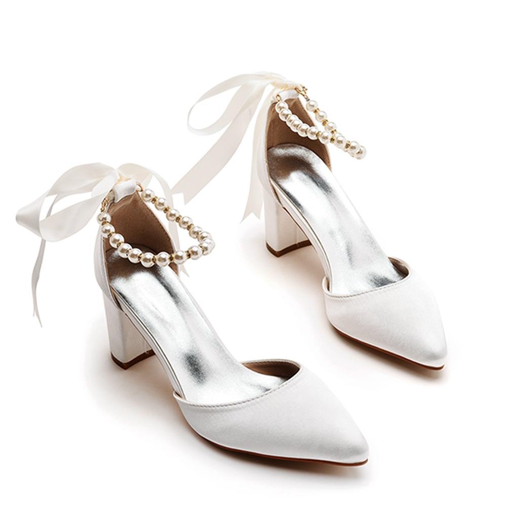 7cm Thick Heel Pointed Sandals Straps for Women's Sandals White Beaded Satin Cloth Bridal High Heels Large Size