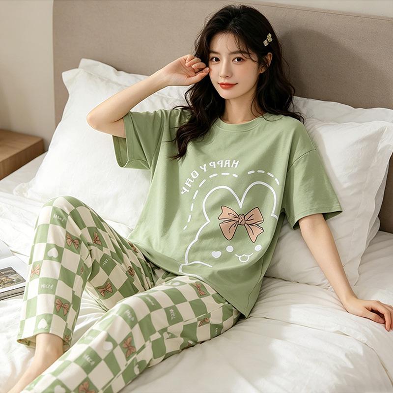 Plaid Cartoon Pajamas Women's Summer Vitality Girl Round Neck Short-sleeved Trousers Suit Casual Can Be Worn Outside Loungewear