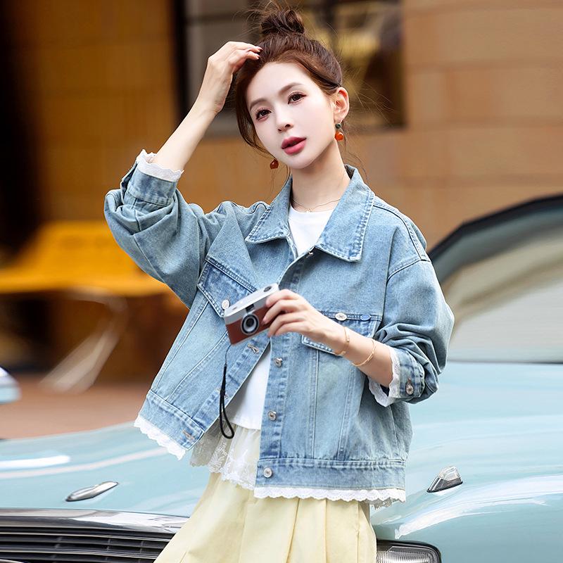 Women's Lace Patchwork Denim Jacket - Spring 2025 Fashion, Color Block, Loose Fit, Casual Long Sleeve Top