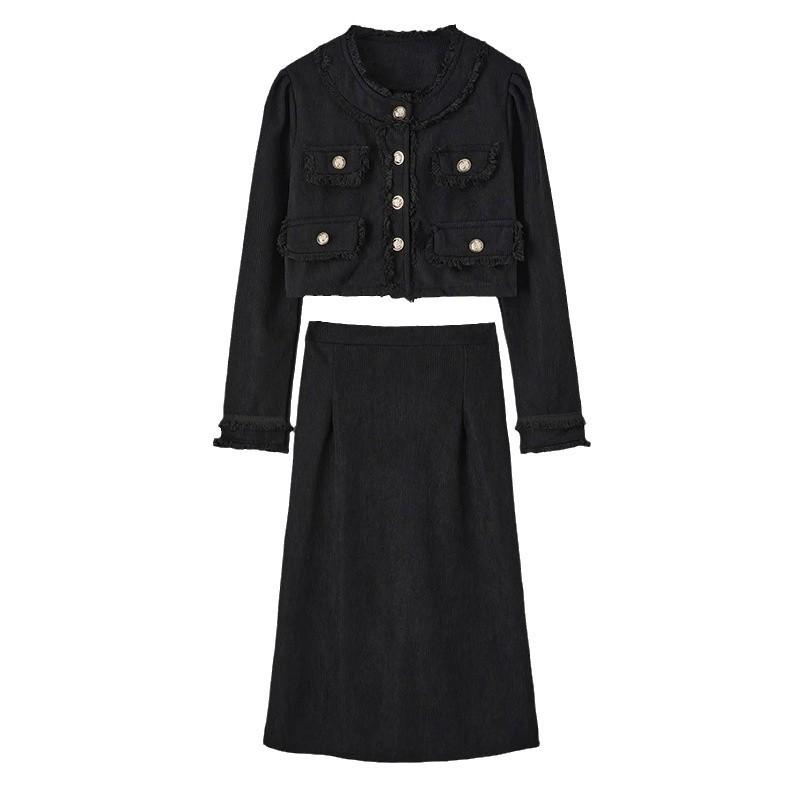Spliced Round Neck Top Solid Color A-line Skirt Set Two-piece