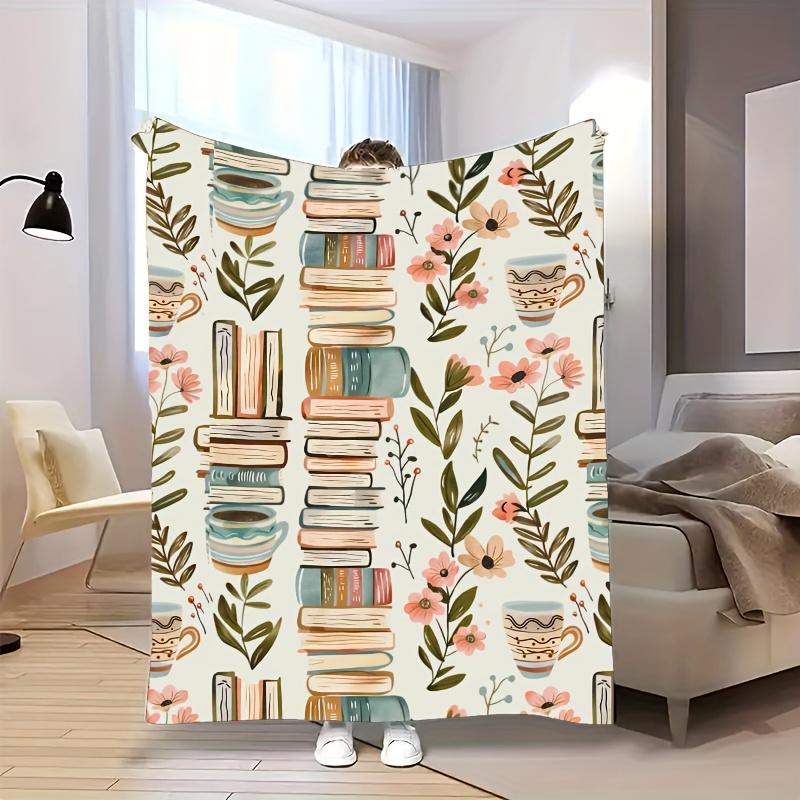 1pc Cozy Soft Quilted Flannel Blanket - Whimsical Book & Floral Print, Anti-Tear, All-Season Use for Home Decor, Camping, Travel - Perfect G