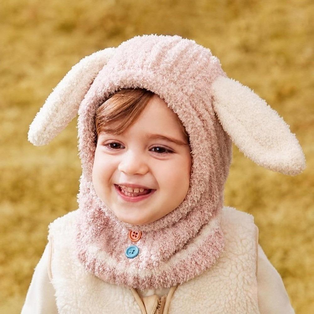 Plush Ball Kids Balaclava Hat Thickened Hooded Beanie Cartoon Kids Scarf Cap Winter