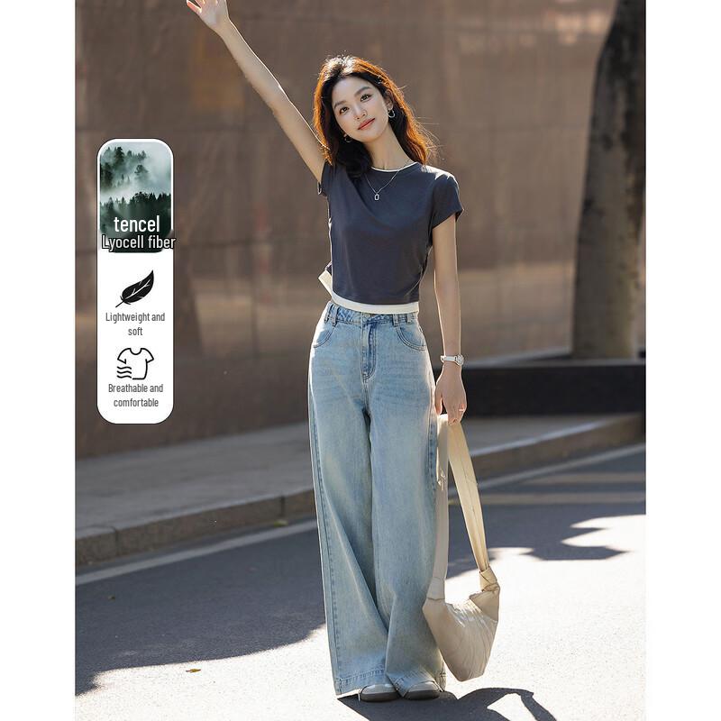 Demana Women s Lyocell Blend Color-block Round Neck T-Shirt XL