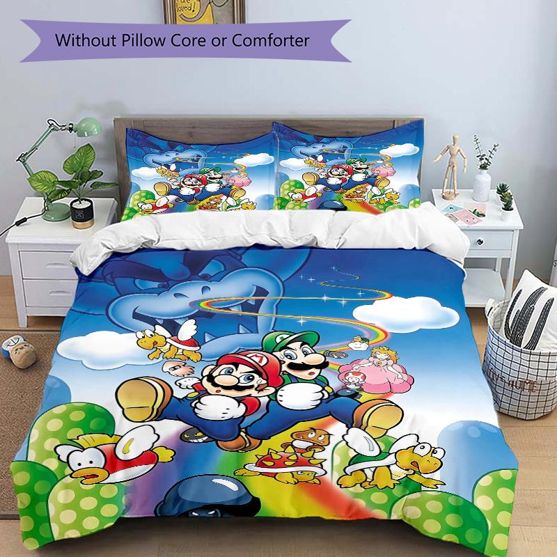

Постельное белье с принтом персонажей Mario Bros, 3 предмета (1 Пододеяльник + 2 Наволочки, Без Наполнителей), Этот постельный комплект с принтом мягкий и удобный, С 135x200cm