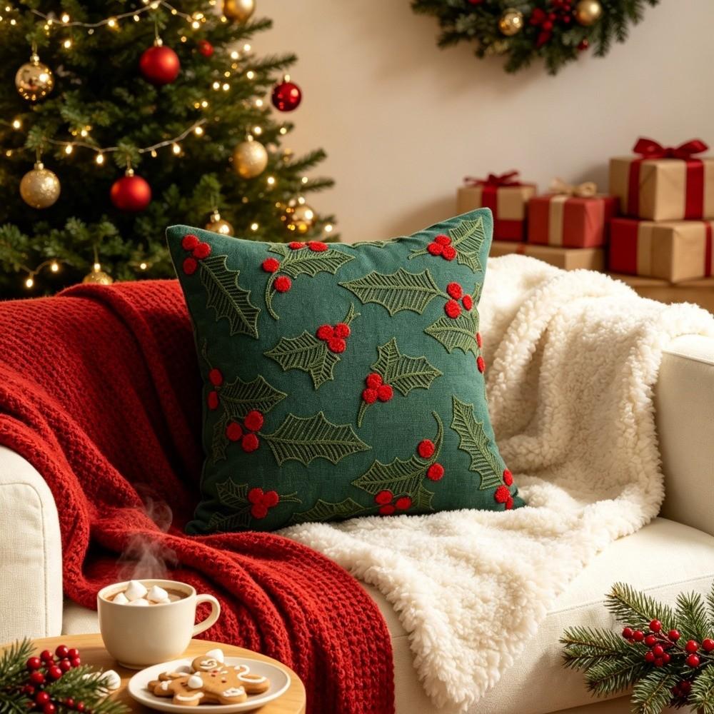 Christmas Tree Throw Pillow Covers Embroidered Cherry Pillow Cases Cushion Cover for Xmas Party
